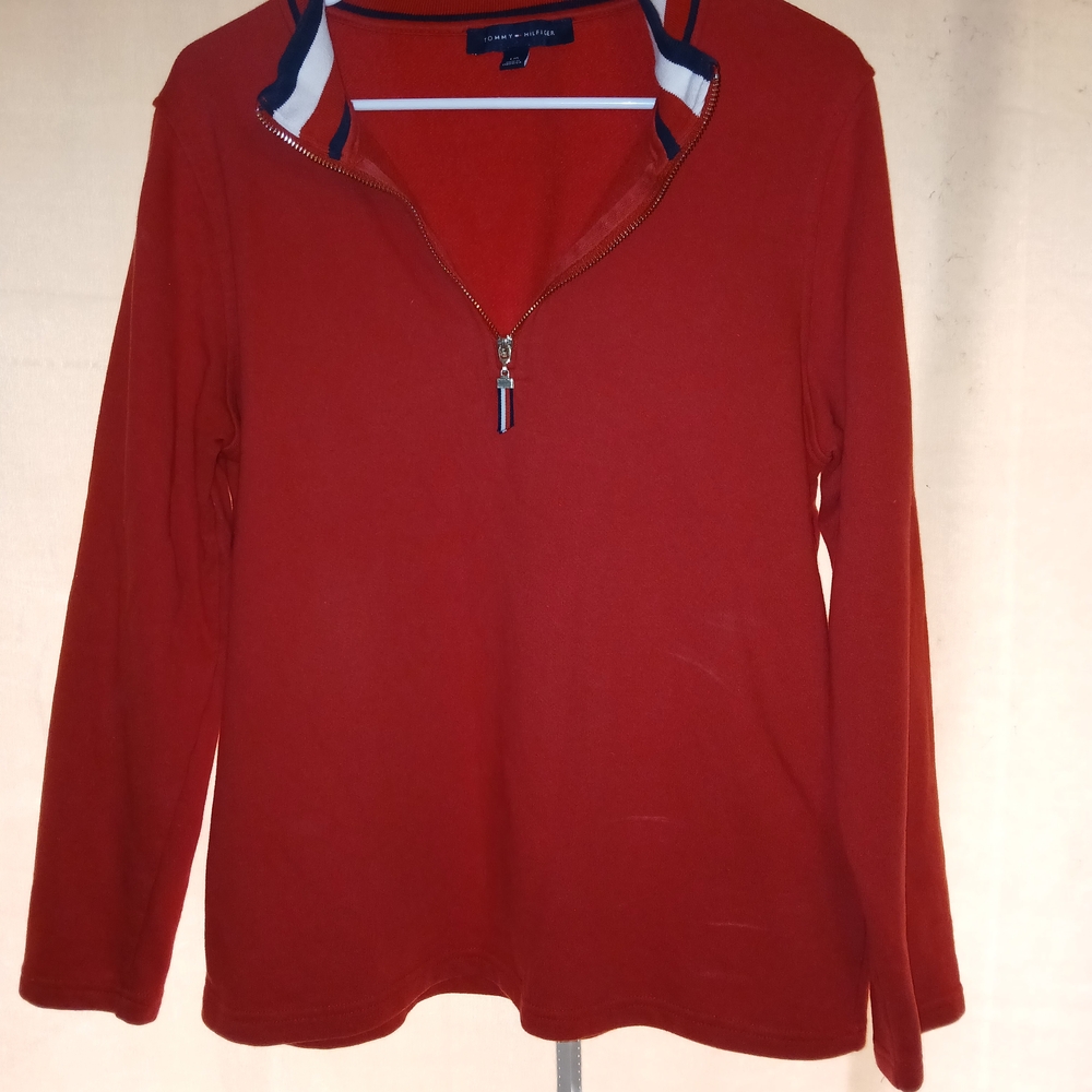 Tommy Hilfiger Bright Red Zip-Neck Sweater with Navy Trim